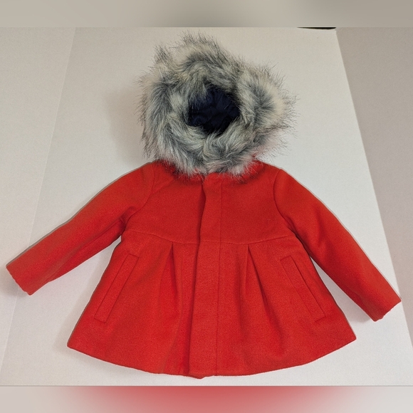 Cat & Jack Other - Cat & Jack Girls Red Winter Pea coat with faux fur hood. EUC Size 12M